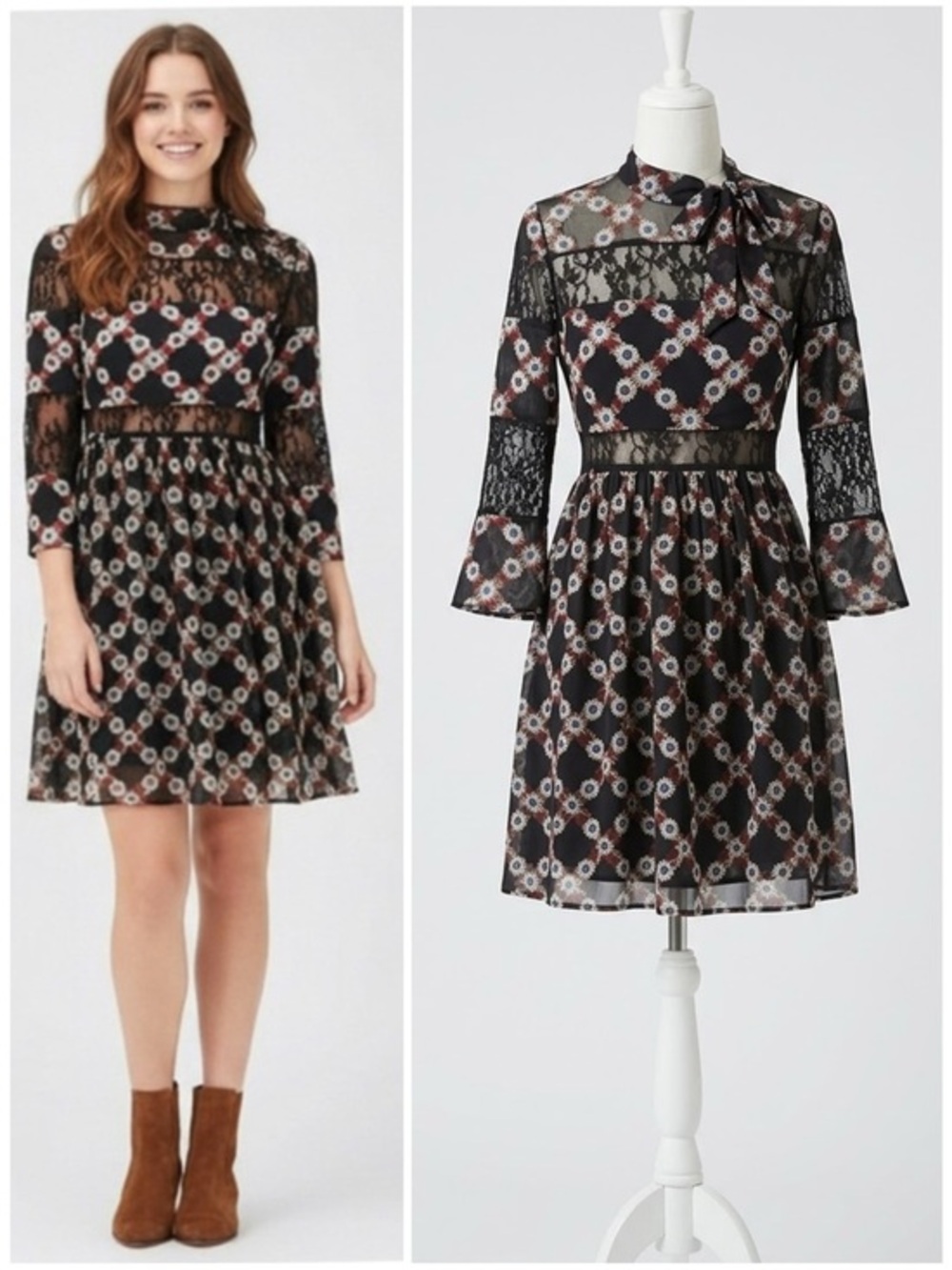 Sandro Paris Daisy Print Black Dress Silk Blend Lace Bodice Size Medium